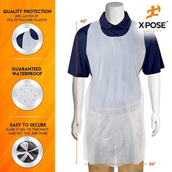 100 White Plastic Disposable Aprons For Cooking, Painting and More - Individually Packaged - Durable 1 mil Waterproof Polyethylene - 24  x 42  - by Xpose Safety For Sale