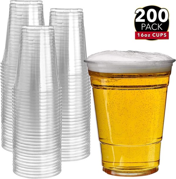 200 Clear Plastic Cups | 16 oz Plastic Cups | Clear Disposable Cups | PET Cups | Plastic Water Cups | Plastic Beer Cups | Clear Plastic Party Cups |Crystal Clear Cups Supply