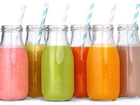 12 Pack - 11 Oz Glass Milk Bottles, 24 Metal Twist Lids and 12 Colorful Paper Straws - Reusable Vintage Dairy Bottles- Milk Bottles for Parties, Weddings, BBQ, Picnics. Sale