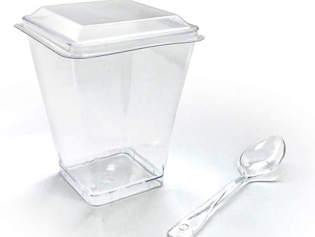 Zappy 50 5 oz Tall Square Clear Dessert Cups and 50 Tasting Spoons Dessert Glasses Shot Glasses Trifle Bowl Clear Disposable Plastic Dessert Tumbler Cups Party Cups For Sale