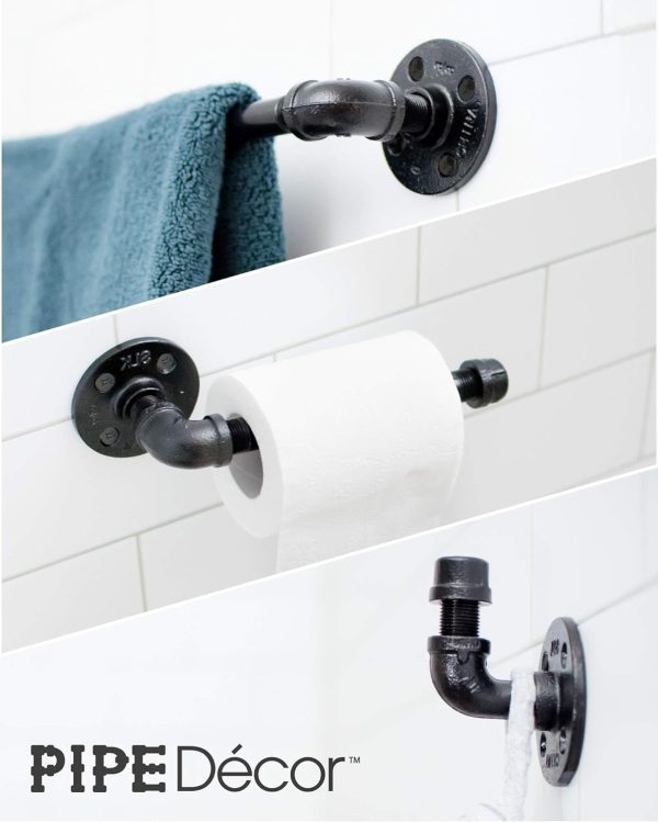 Industrial Pipe Bathroom Hardware Fixture Set by Pipe Decor 3 Piece Kit Includes Robe Hook, 18 Inch Towel Bar and Toilet Paper Holder, Heavy Duty DIY Style, Modern Chic Electroplated Black Finish For Cheap