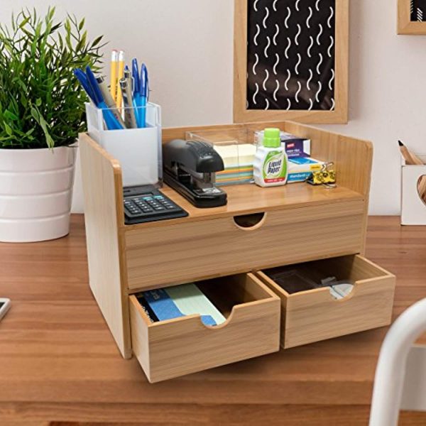 Sorbus 3-Tier Bamboo Shelf Organizer for Desk with Drawers — Mini Desk Storage for Office Supplies, Toiletries, Crafts, etc — Great for Desk, Vanity, Tabletop in Home or Office Discount