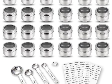 24 Magnetic Spice Tins, 117 PVC Spice Labels, 4 Stainless Steel Measuring Spoons and Recipes E-book by Sanquility. Round Storage Spice Jars Set of 24, Clear Top Lid with Sift or Pour Hot on Sale