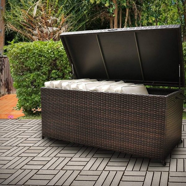 Outdoor Patio Wicker Storage Box - Resin Rattan Pool Storage Box with Lid, Garden Deck Bin, Multi-Purpose Furniture & Organizer with wheels & Container for Gardening Tools, Cushions, Pool Accessory For Discount