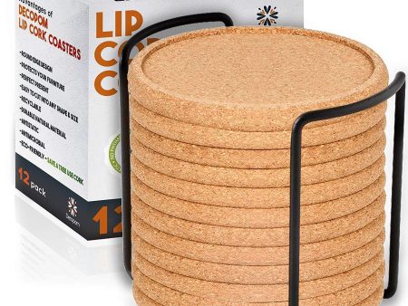 Cork Coasters with Lip for Drinks Absorbent | 12 Set 4 Inch Thick Rustic Saucer with Metal Holder Heat & Water Resistant | Best Reusable Natural Round Coasters for Bar Glass Cup Table by Decopom For Cheap